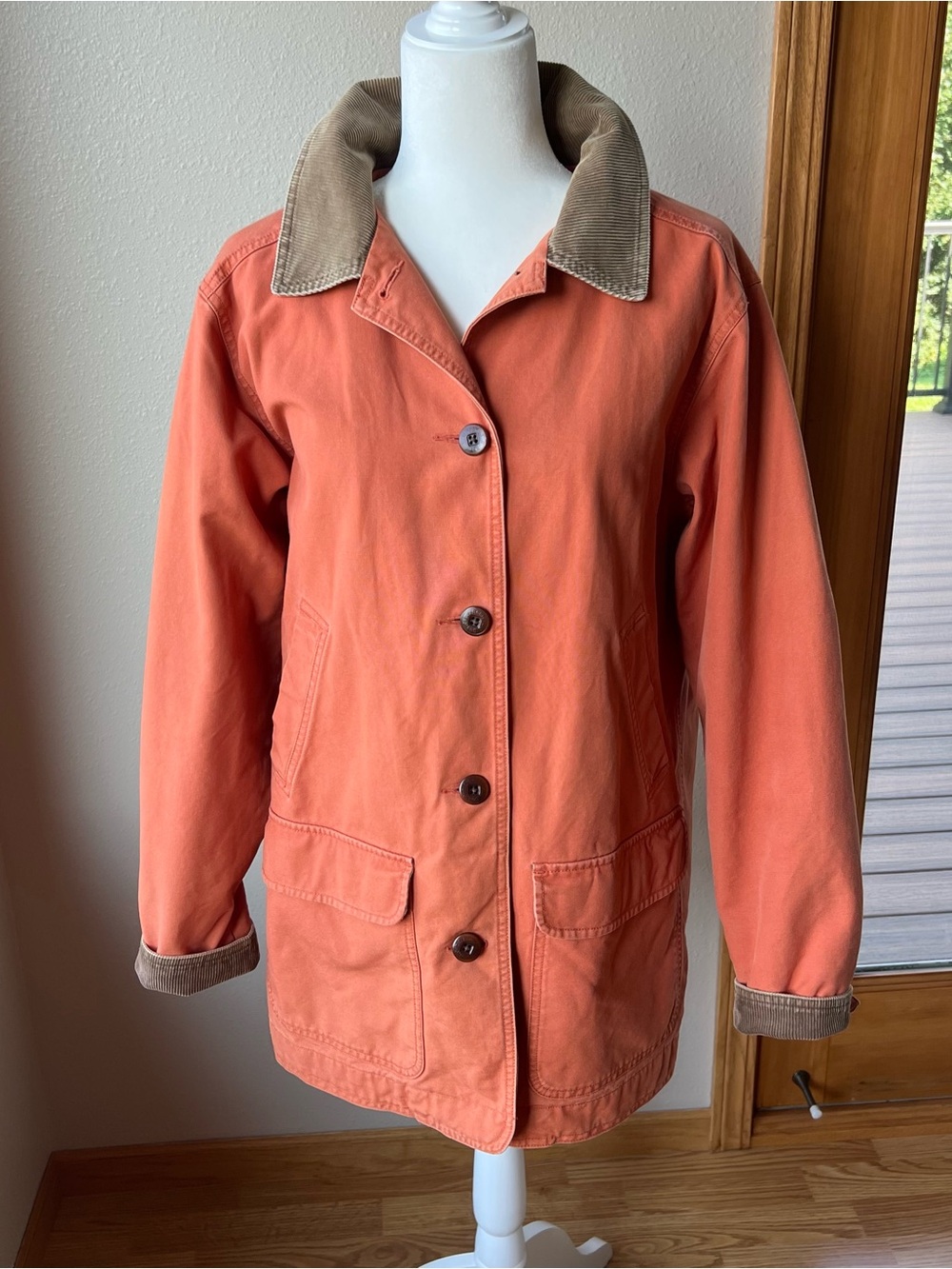 L.L. Bean Barn Chore Jacket Women’s L Orange Canvas Corduroy Collar Detroit Coat